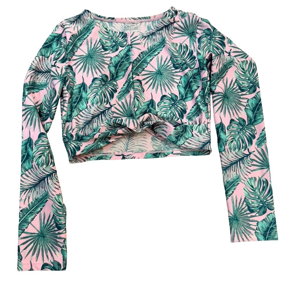 Roatan Swimwear Rash Guard Pink Green Tropical Palm Twist Front Kids Medium